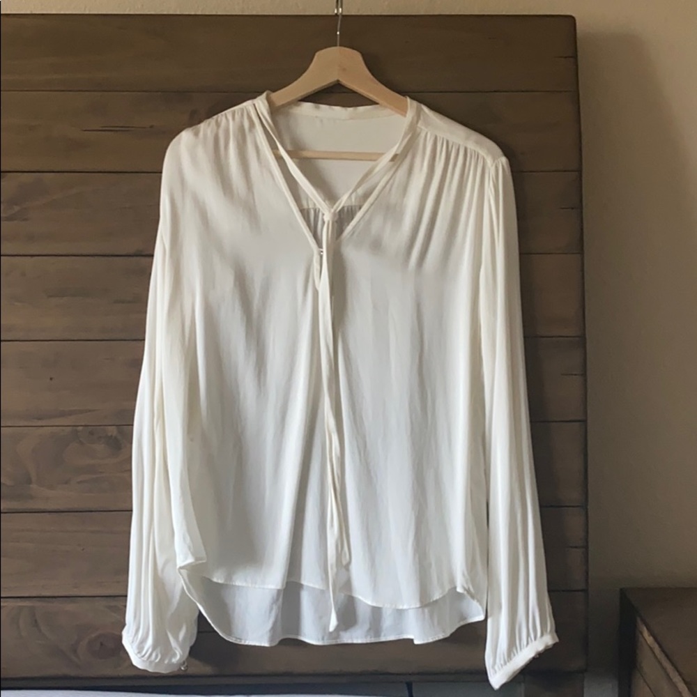 White silk blouse, V neck with front tie, elegant